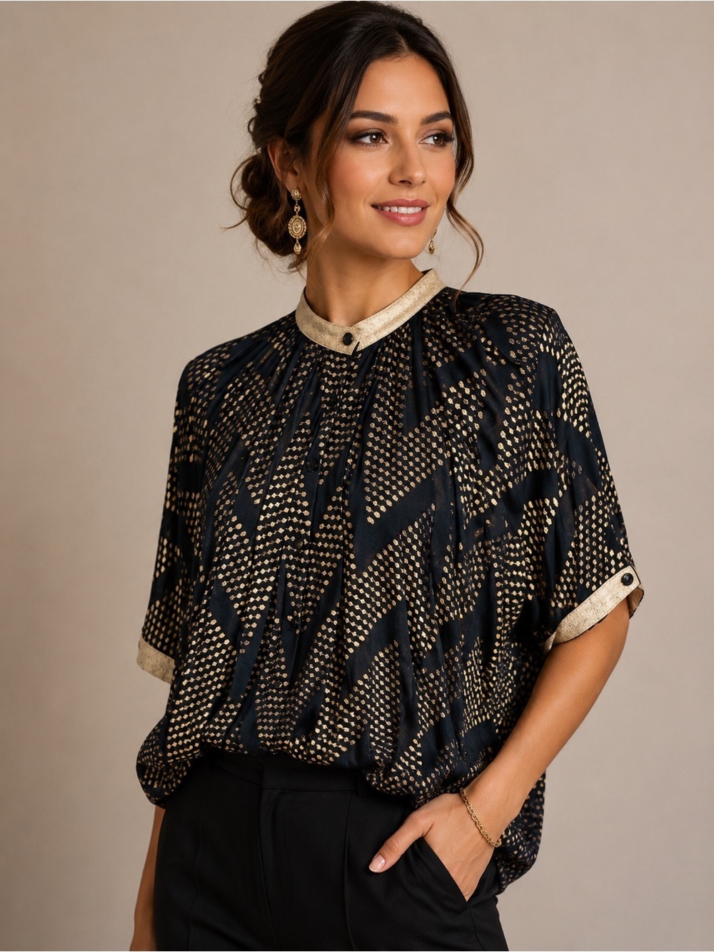 Sass & Bide Copper Metallic Dot Print Geometric Glitter Collar Blouse Size 2